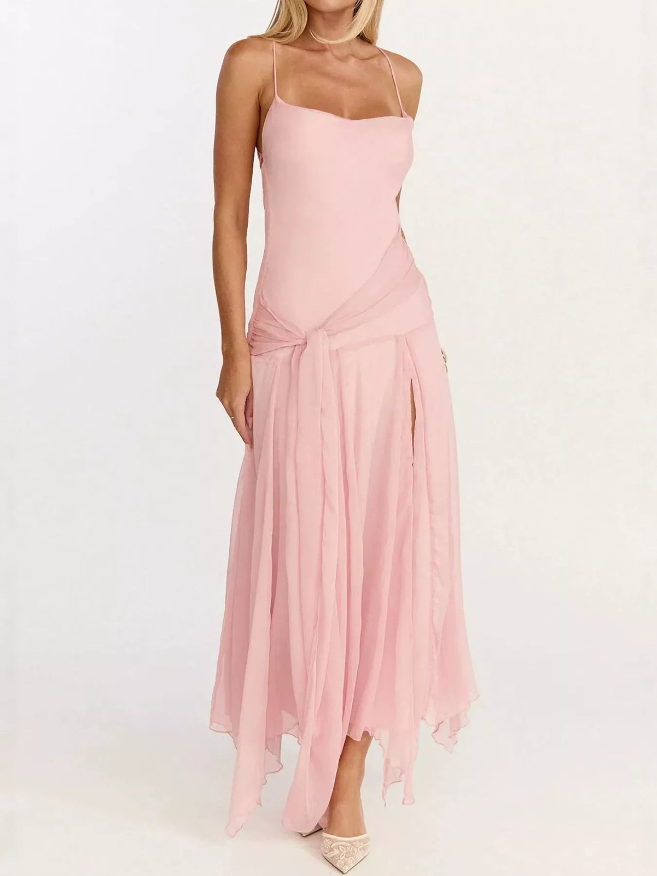 Black slit spaghetti strap dress with tied split and slight stretch
