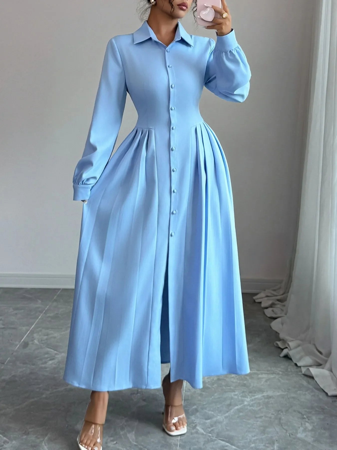 Button-front maxi shirt dress with ruching and buttoned front detail