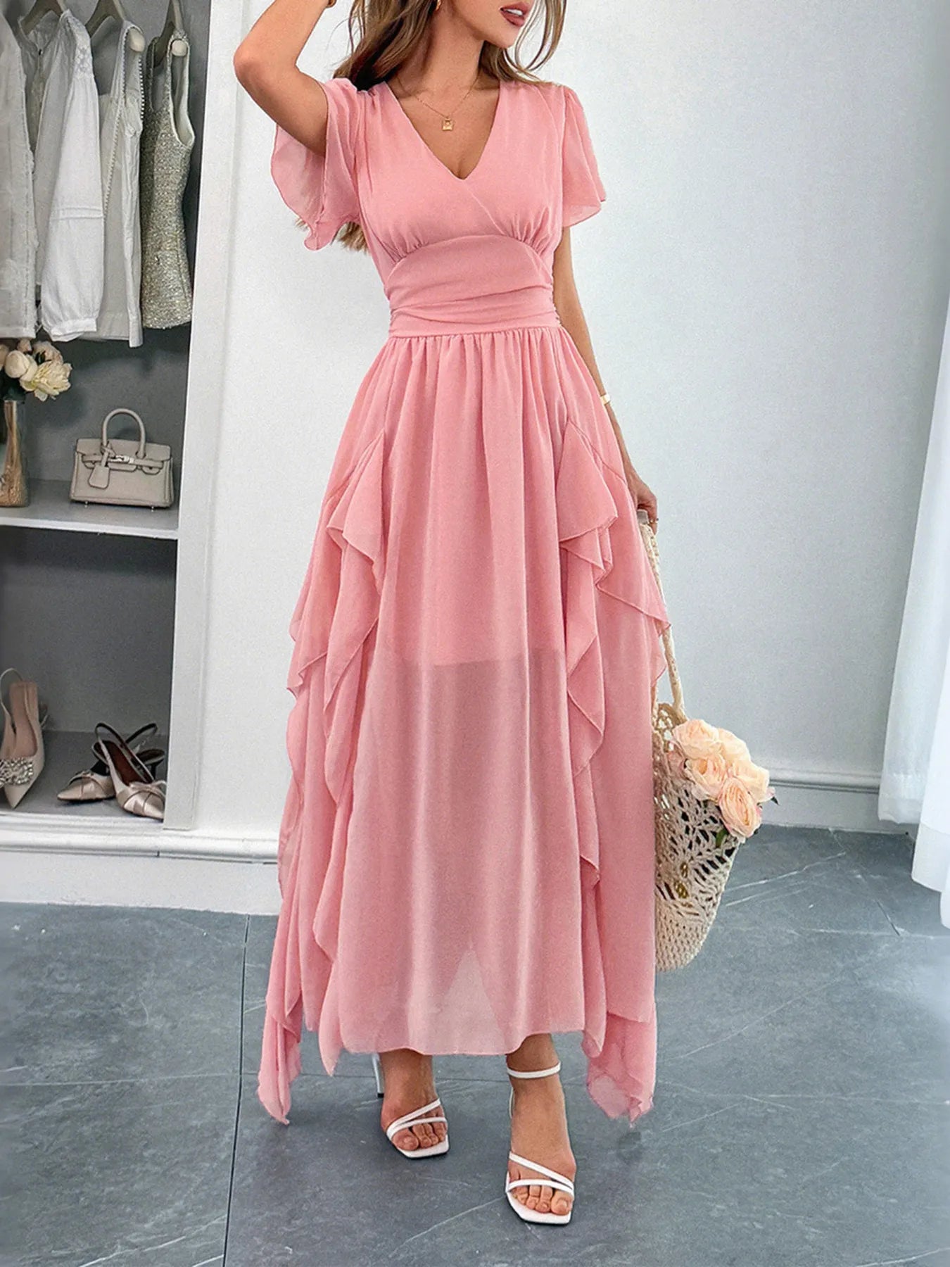 Women's V-Neck Flutter Sleeve Dress with Ruffled Sleeves and Slightly Stretchy Polyester Fabric