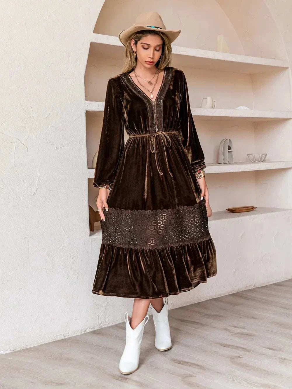 Drawstring V-neck crochet dress with opaque fabric and no stretch, machine washable and imported.