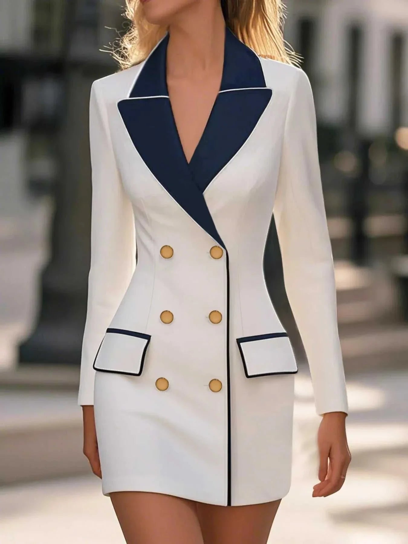 Double-breasted blazer dress with buttoned front and no stretch, made of 100% polyester