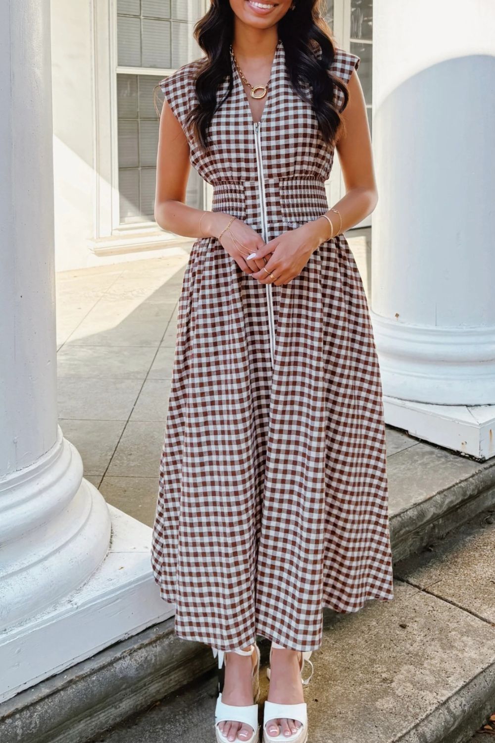 Gingham zip-front midi dress in cotton blend with zipper closure and no stretch fabric