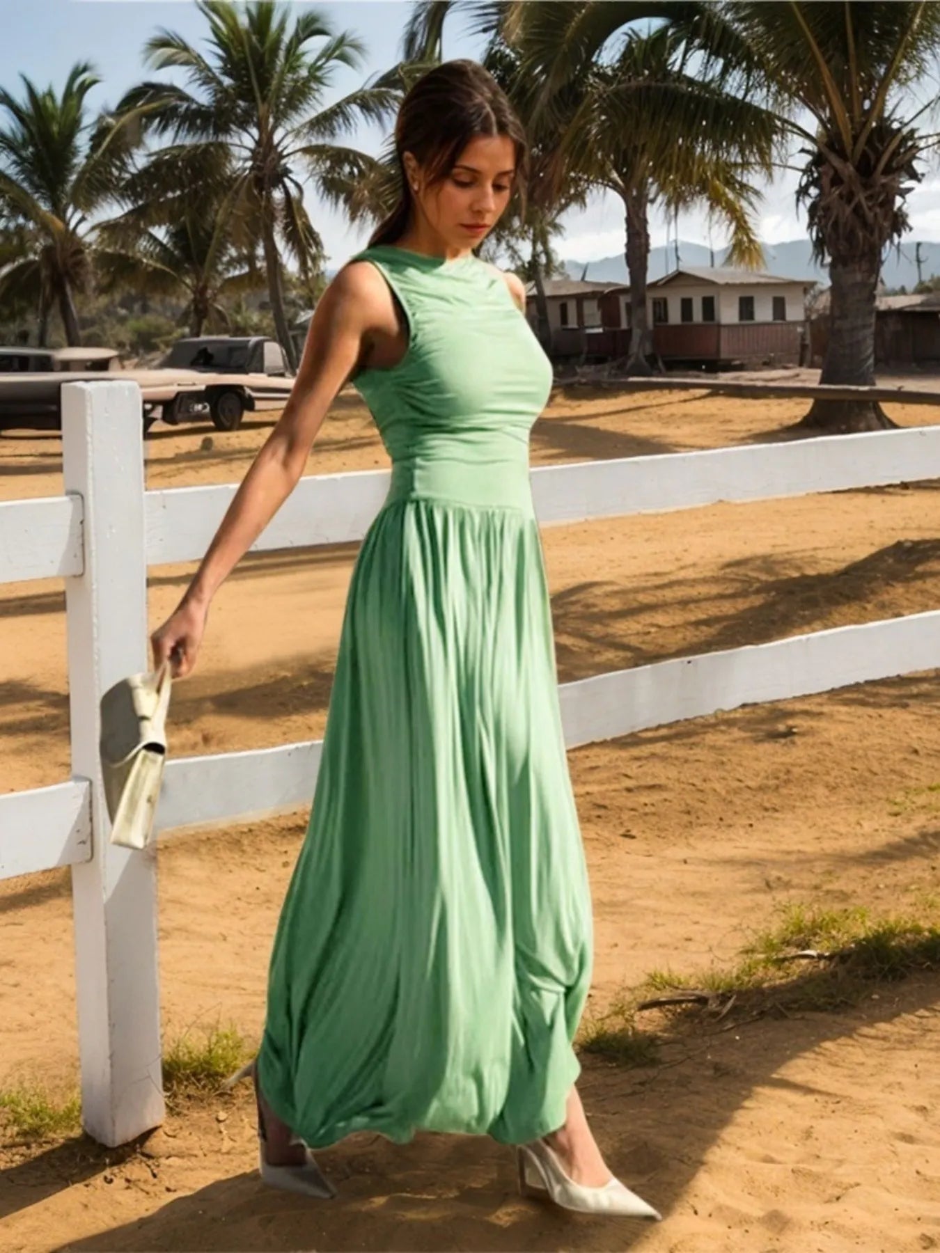 Ruched sleeveless maxi dress with moderate stretch and viscose blend fabric