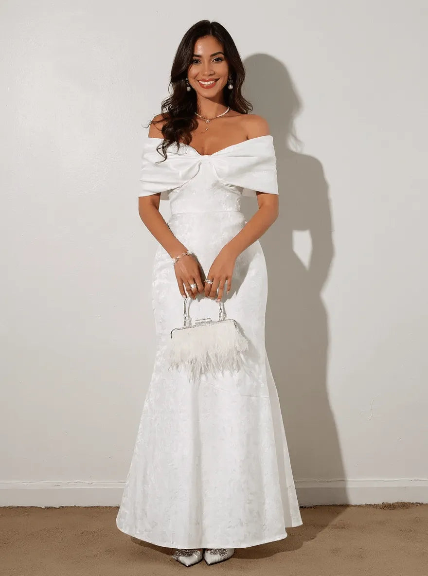 Elegant off-shoulder maxi dress with lace-up detail and no stretch fabric