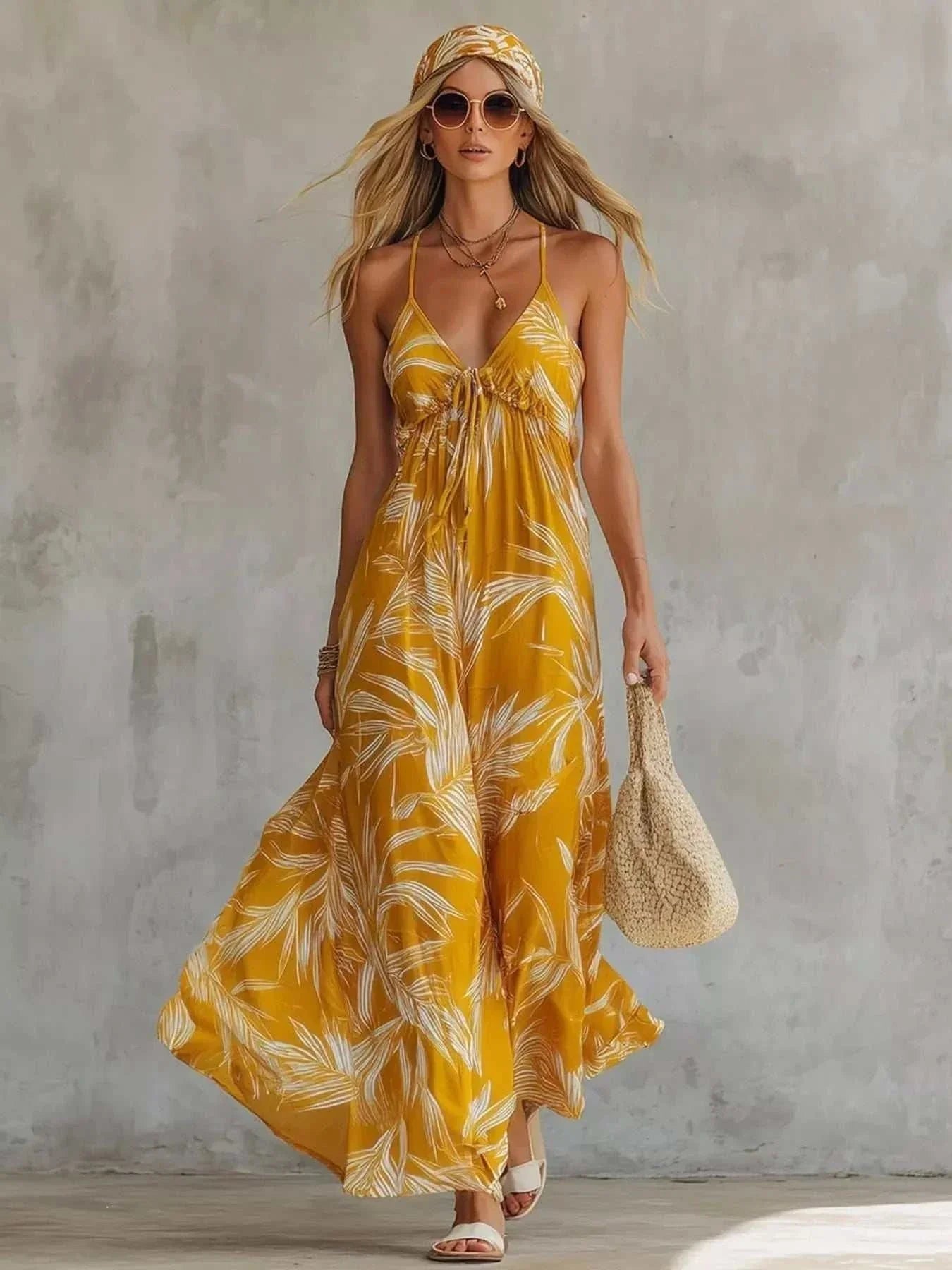 Plus size full size printed spaghetti strap maxi dress with tied smocked design