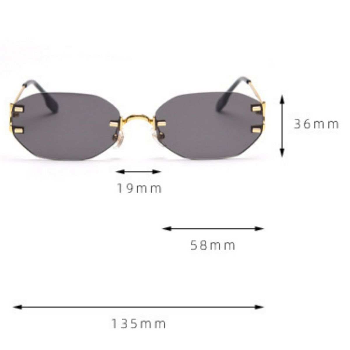 Rimless oval sunglasses with gold metal frame and UV400 protection