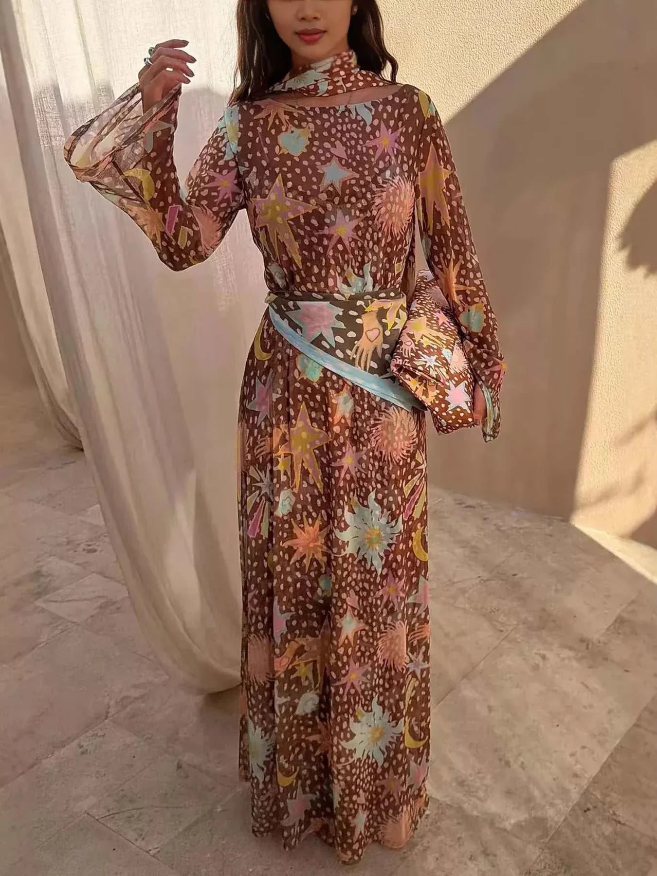 Printed cami dress and long sleeve dress with ribbon set, basic style, polyester, slightly stretchy, two-piece outfit