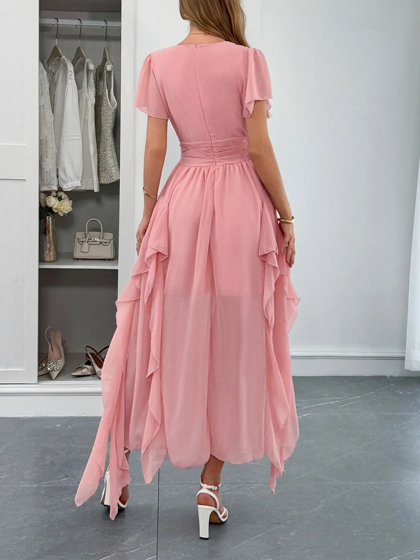 Women's V-neck flutter sleeve ruffled dress, slightly stretchy polyester, lined body, machine washable