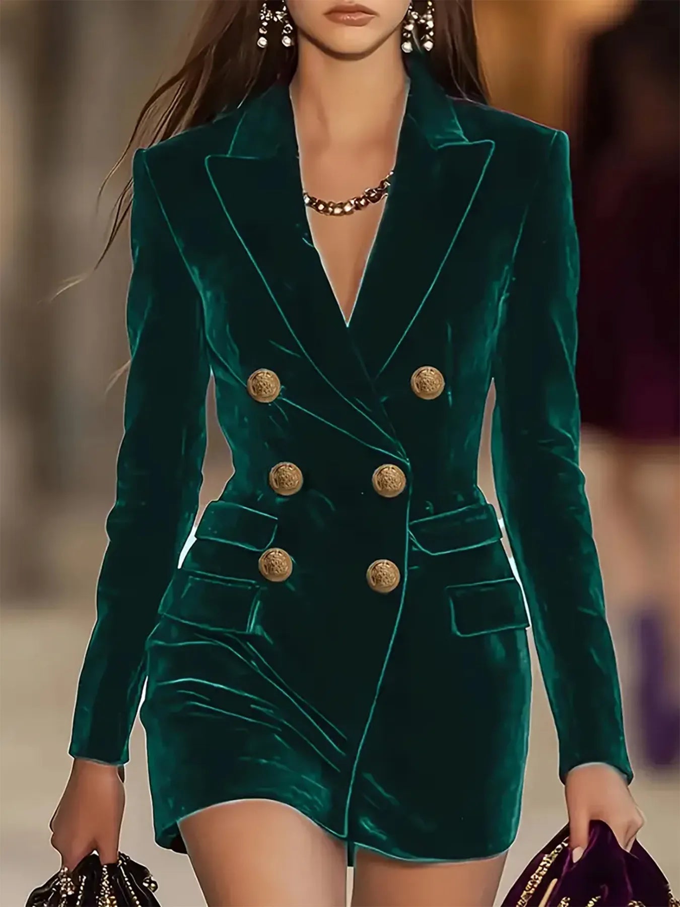 Velvet double-breasted blazer dress in navy blue with slight stretch and cotton-spandex blend