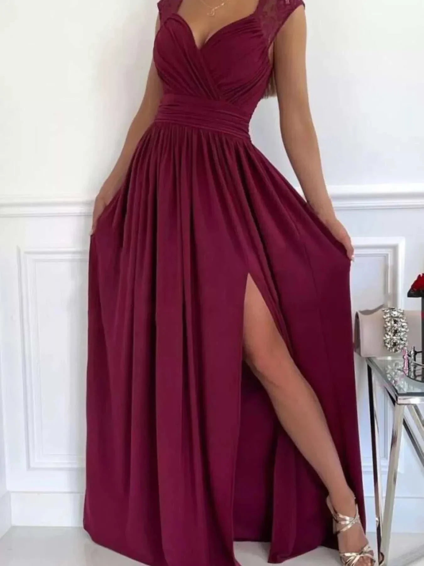 Elegant high slit lace detail maxi dress with zipper and slight stretch, 100% polyester lining