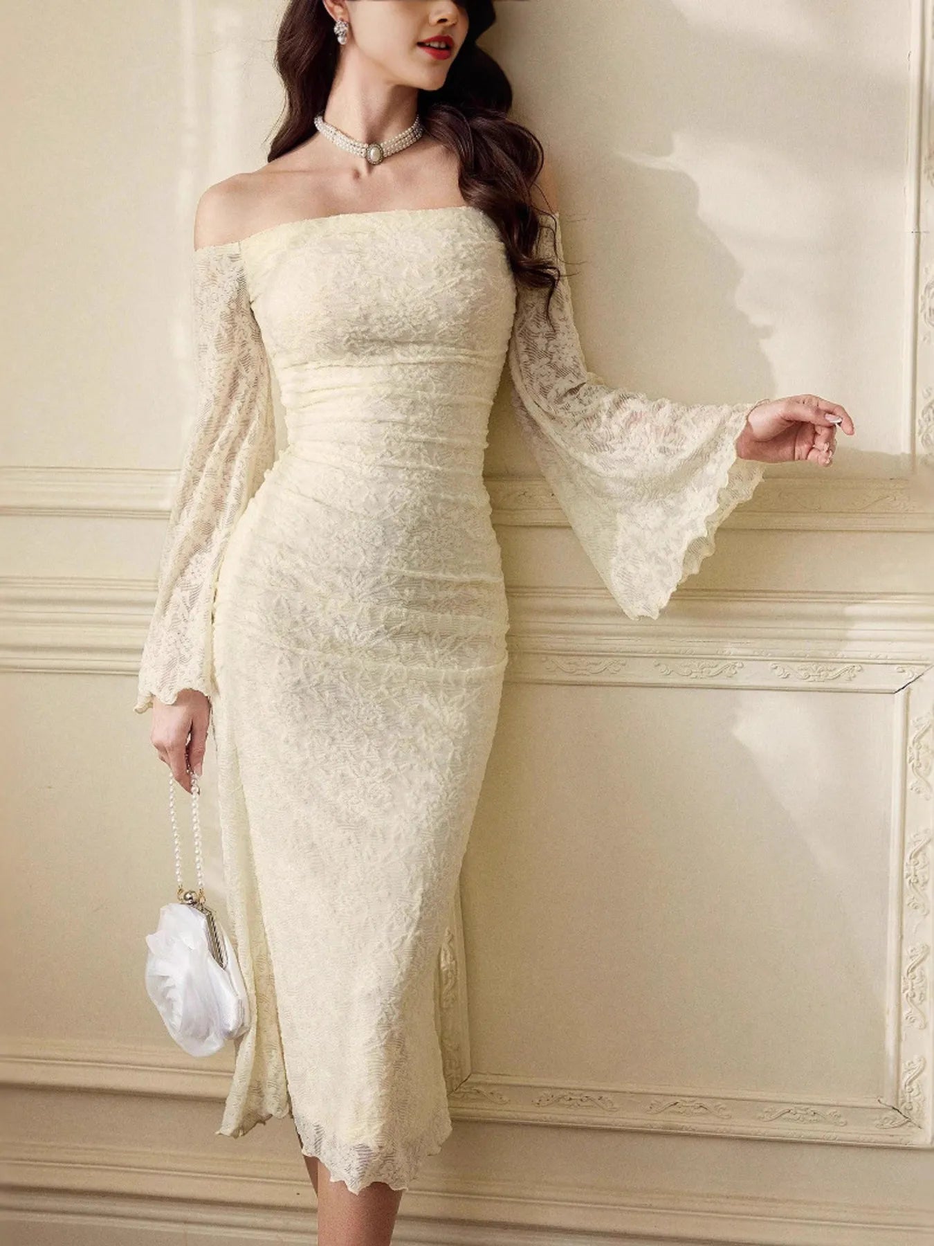 Off-shoulder flare sleeve lace dress with ruched detail and slight stretch in black