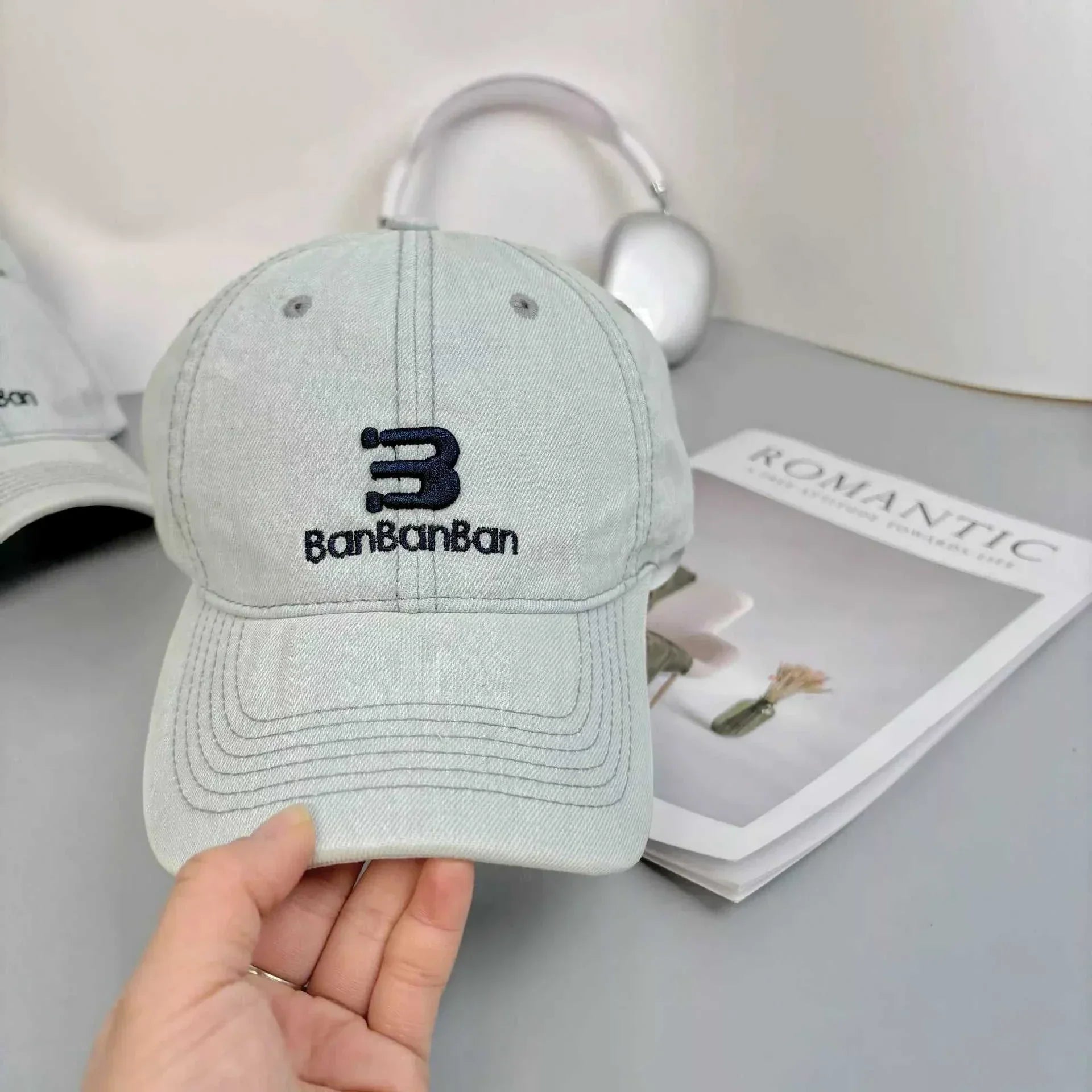 Embroidered denim baseball cap made of cotton, one size, imported, 4.7 inches height