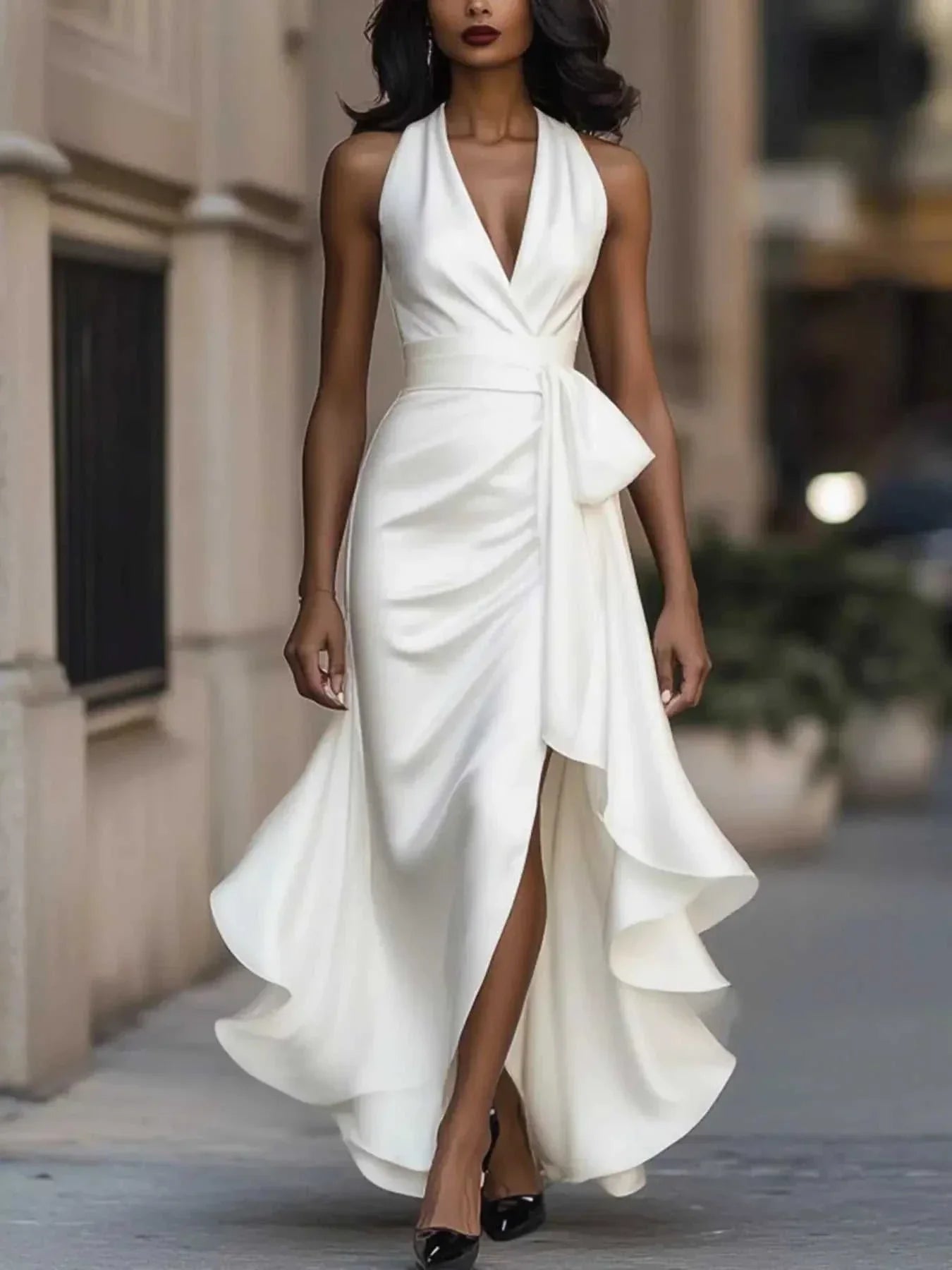 Ruffled halter neck maxi dress with belted waist, ruched details, and front split in polyester fabric