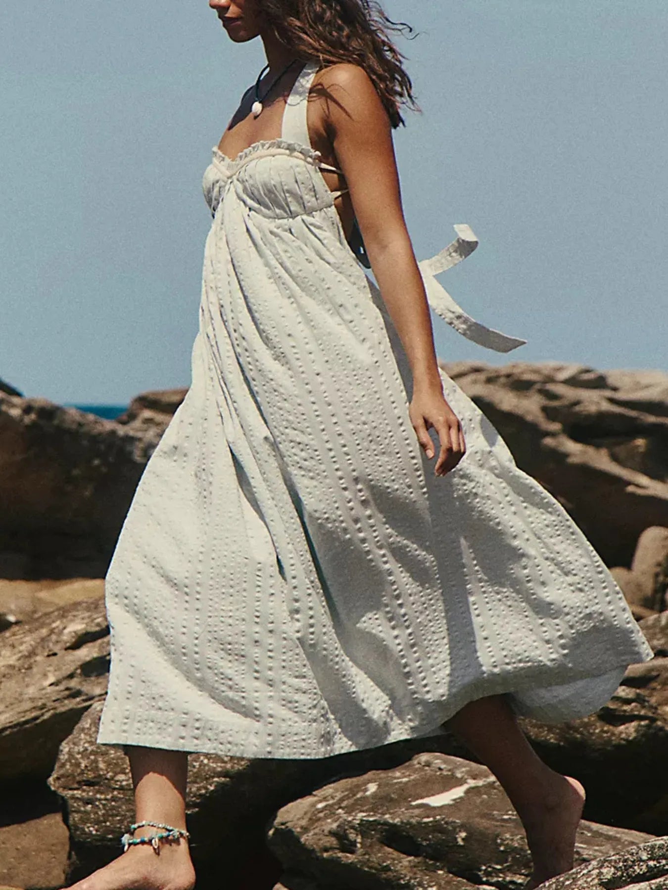 Sweetheart Neck Midi Dress with ruched tie detail, polyester-cotton blend, machine washable