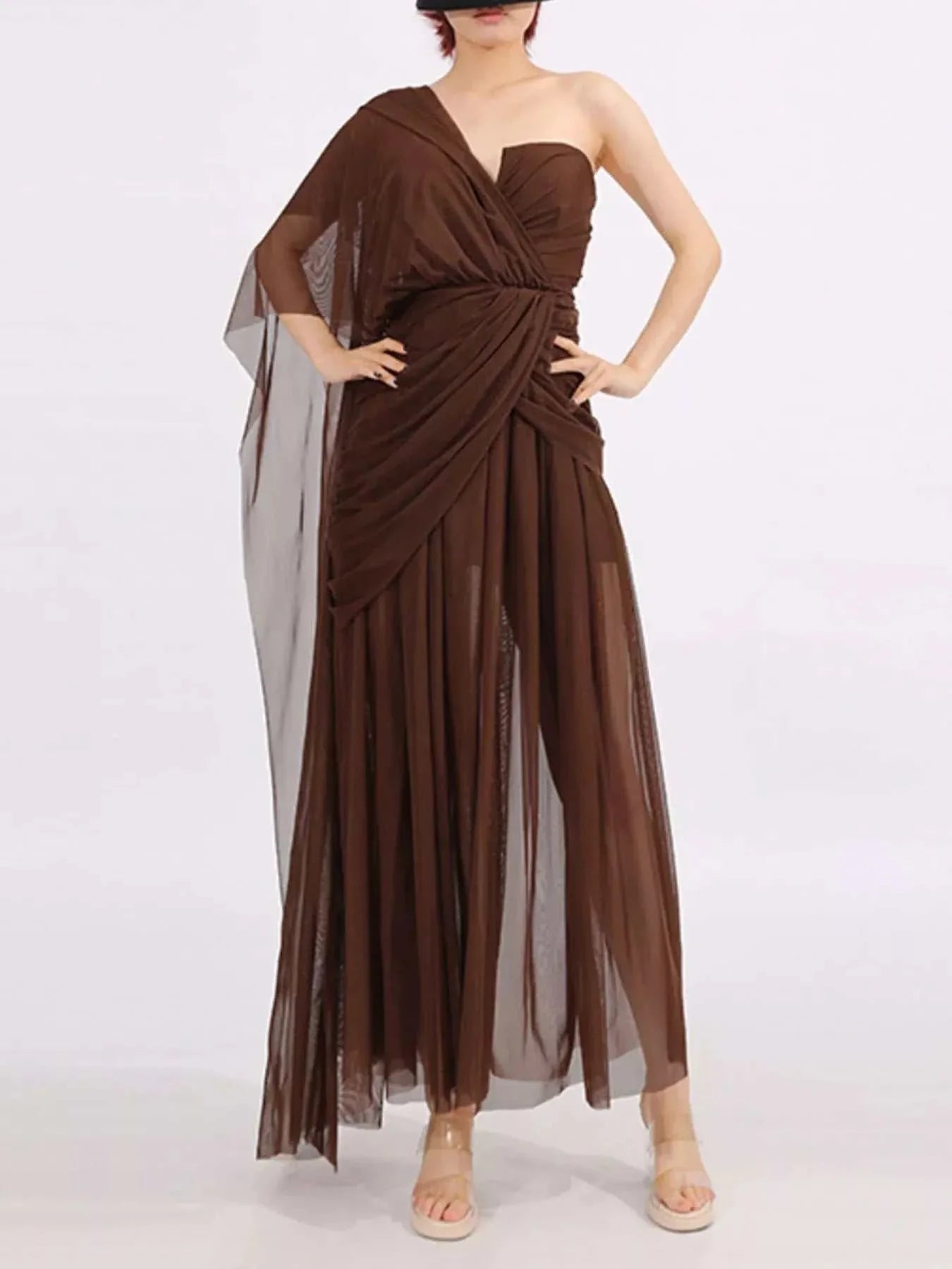 One-shoulder flowy mesh dress with ruched detailing and partial lining in polyester fabric