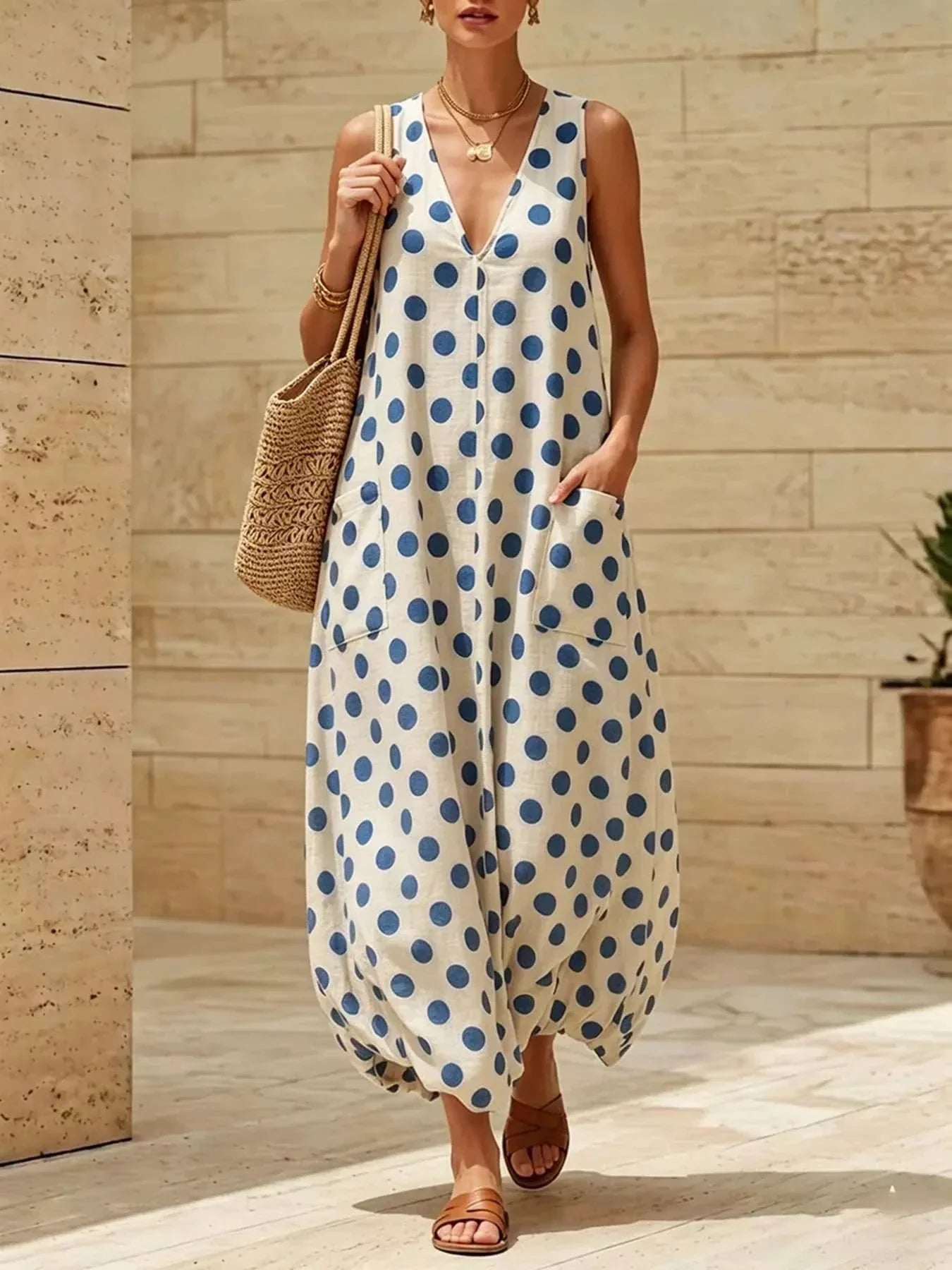Polka dot V-neck sleeveless maxi dress with pockets and slight stretch in lightweight polyester