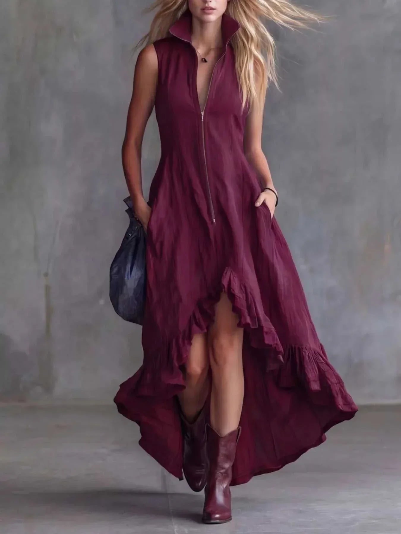 Plus size full size high-low ruffled zip front dress in polyester with slight stretch