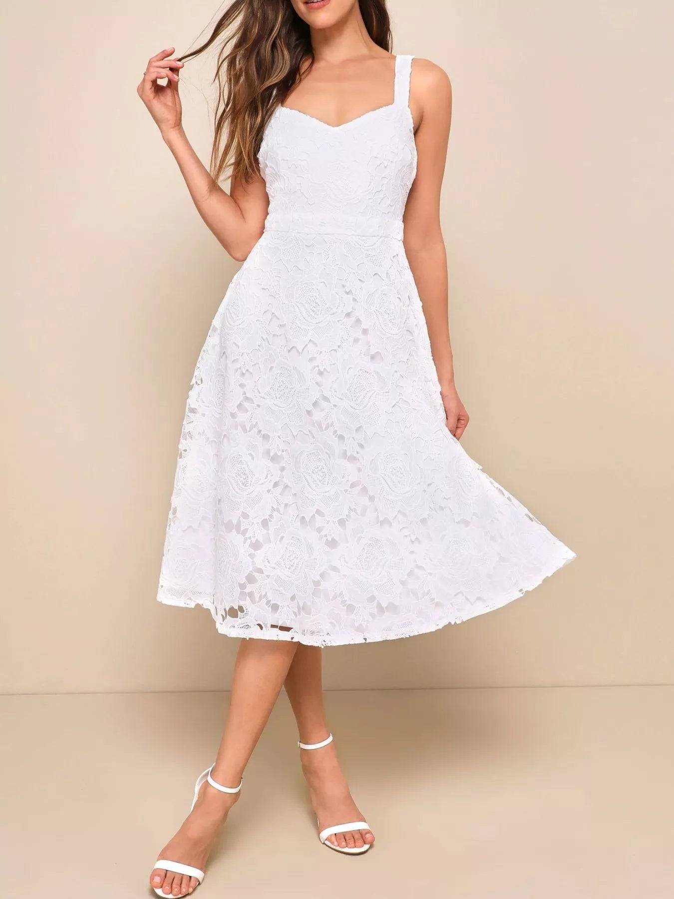 Elegant lace A-Line midi dress with zipper, partially lined, no stretch, machine washable polyester fabric