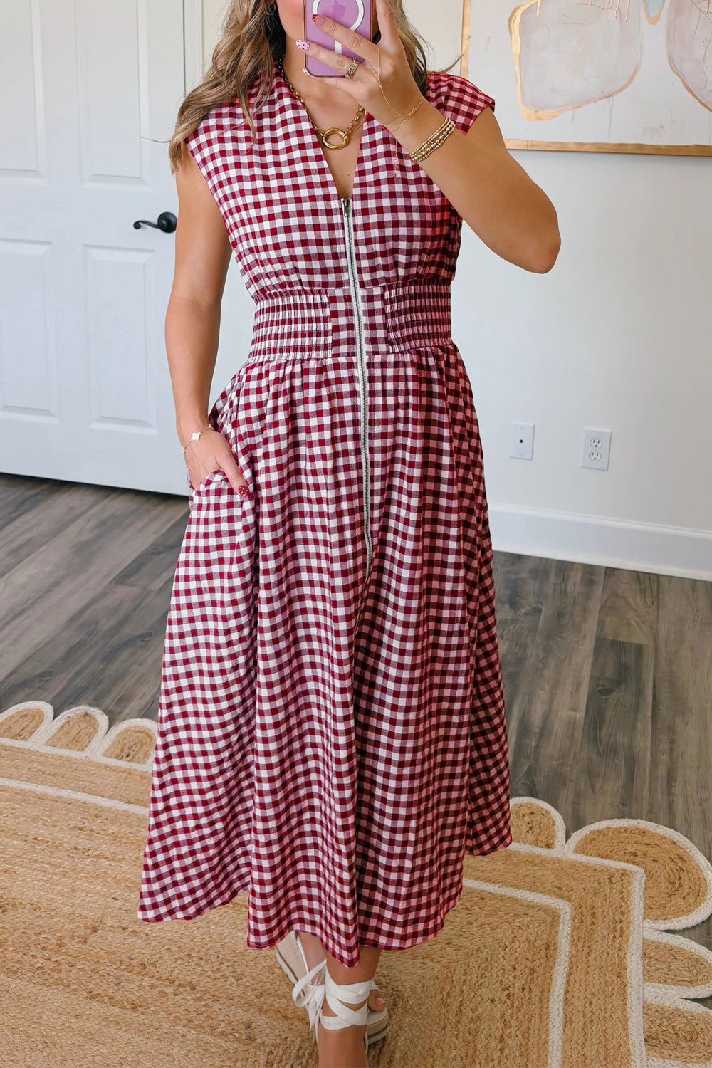 Gingham zip-front midi dress in cotton blend with zipper closure and no stretch