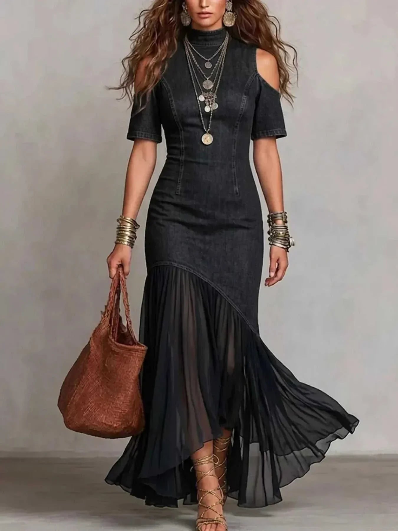 Black mock neck cold shoulder ruffle hem maxi dress with ruched mesh detailing