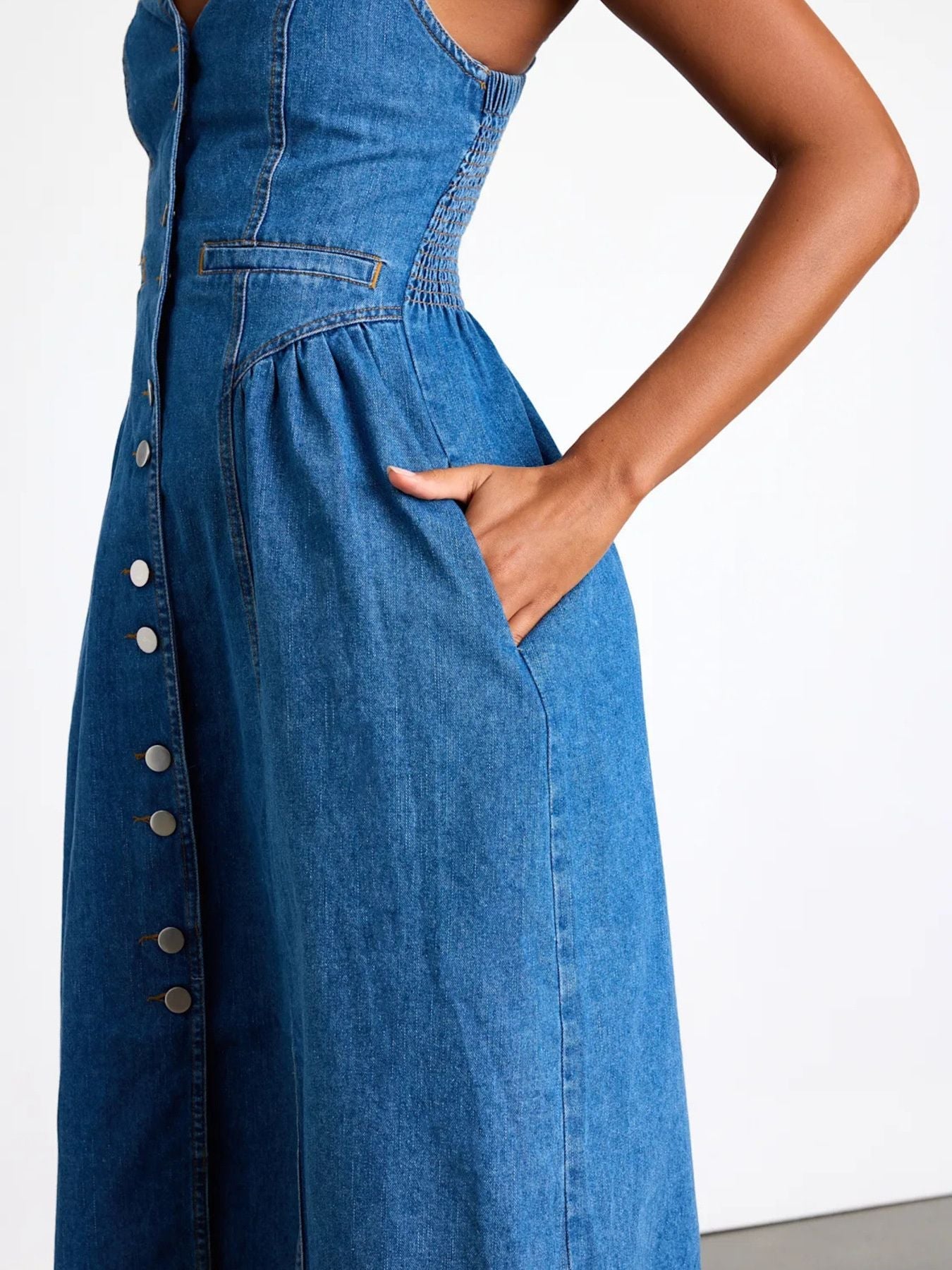 Button-front midi denim dress with smocked waist and pockets in rayon blend fabric