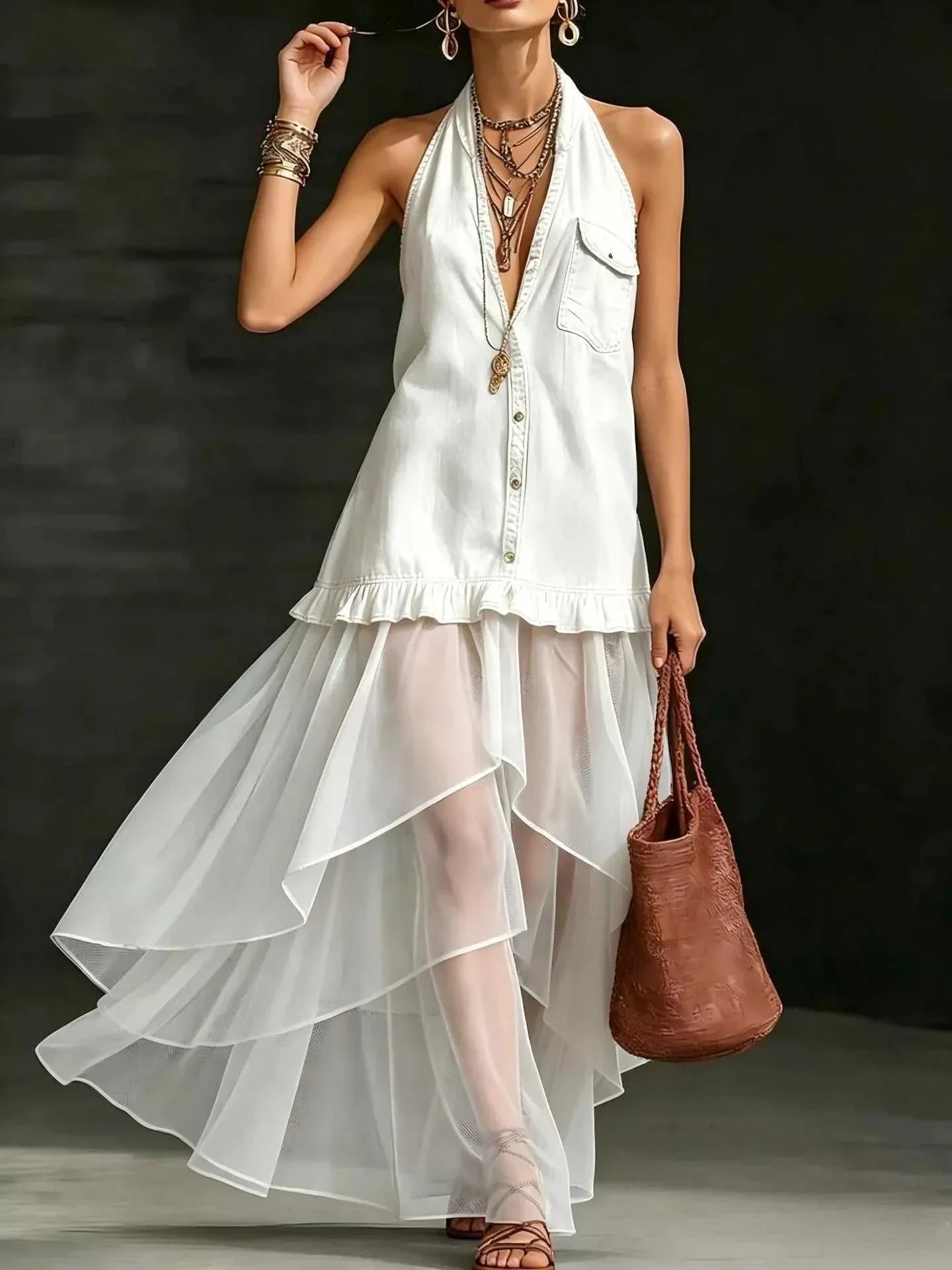 Ruffled halter neck maxi dress with frill, buttoned mesh design, and no stretch polyester fabric