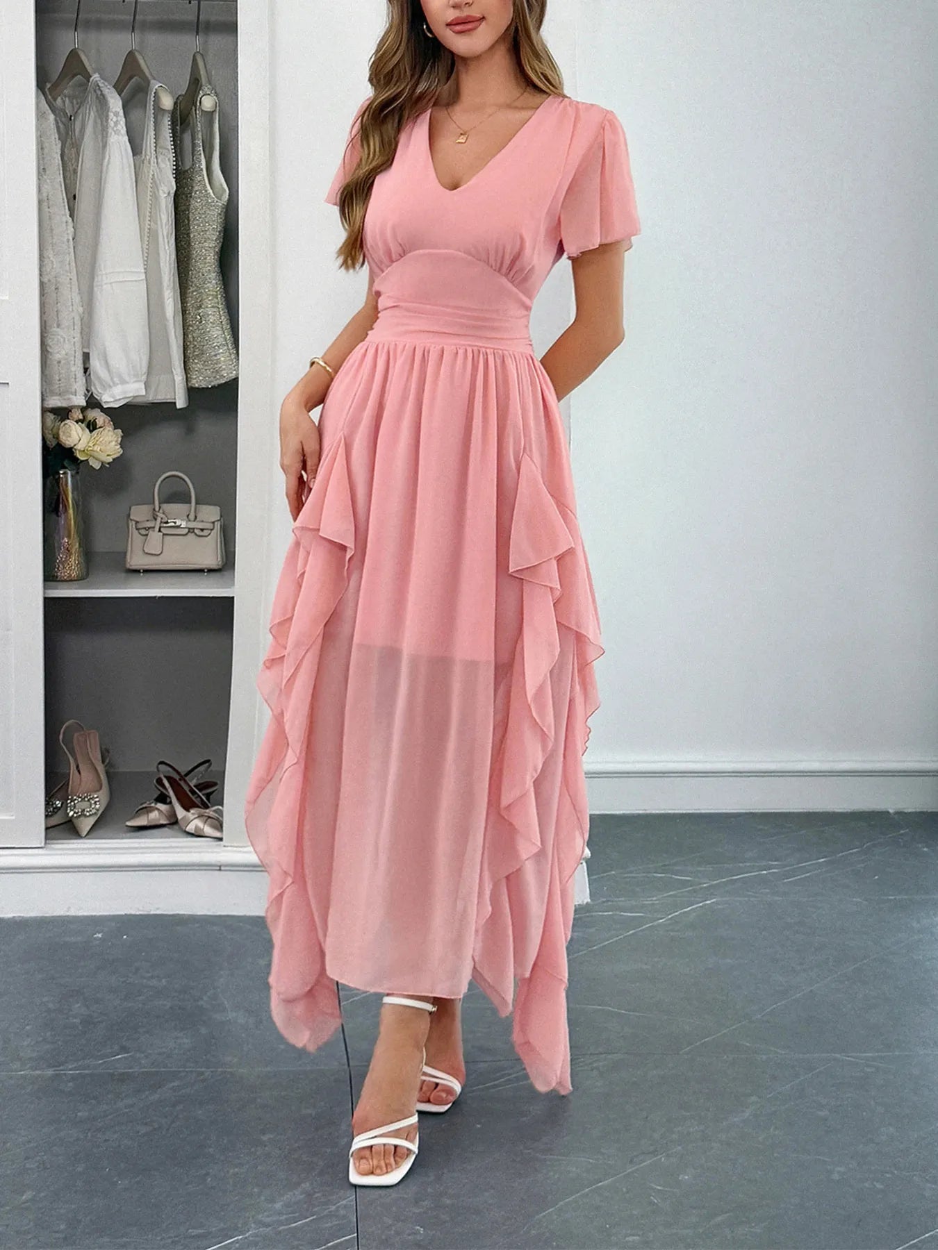 Women’s V-neck flutter sleeve dress with ruffled sleeves and slight stretch, made of 100% polyester